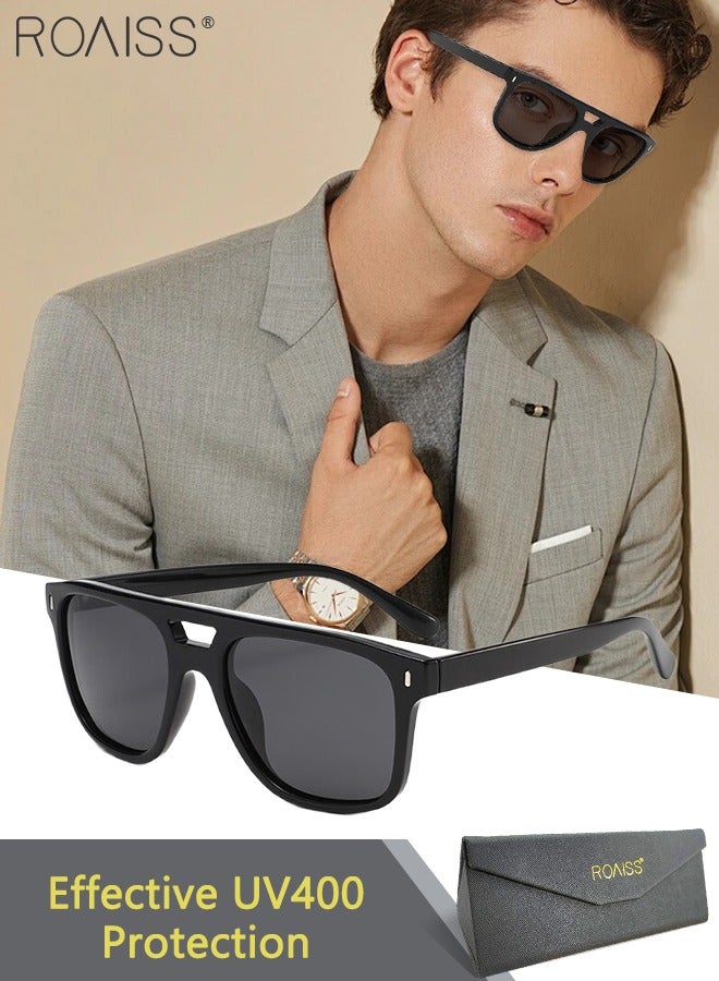 roaiss Retro Double Bridge Square Polarized Sunglasses for Women Men, UV400 Protection with Glasses Case, Fashion Anti-glare Sun Glasses, Suitable for Driving, Fishing, Traveling, Black - Image 1