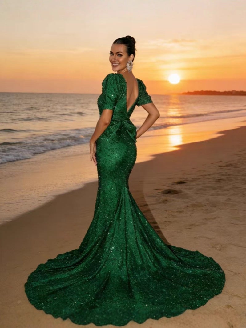 2025 Spring And Fashion V Neck Hip-Hugging Sequined Dress Mid-Waist Lantern Sleeve Long Evening Dress - Image 4
