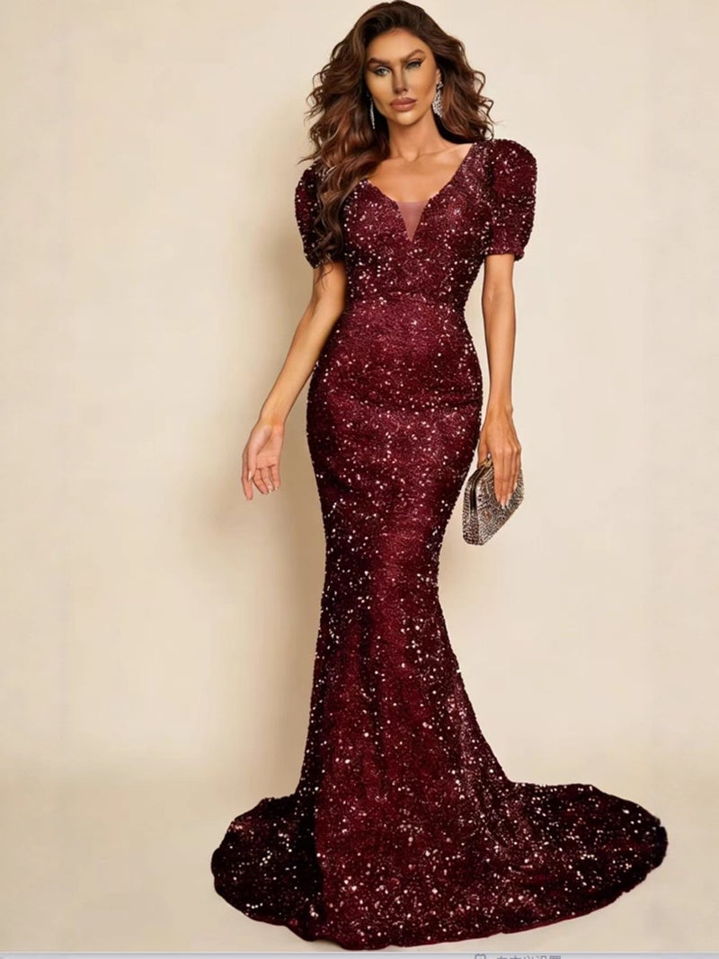 2025 Spring And Fashion V Neck Hip-Hugging Sequined Dress Mid-Waist Lantern Sleeve Long Evening Dress - Image 3