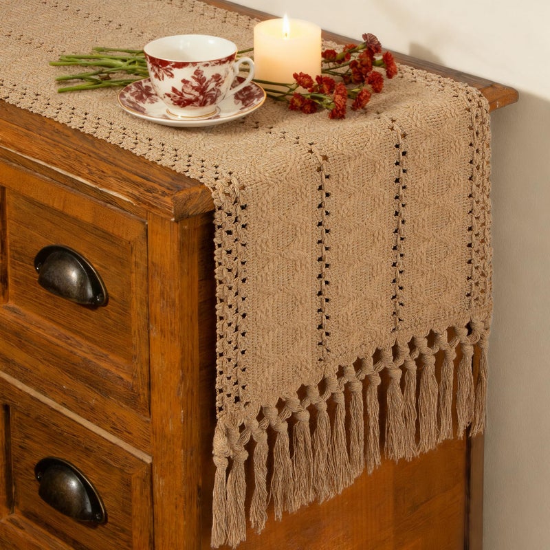 FEXIA Brown Boho Table Runner Spring Burlap Coffee with Tassels 72 Inches Long for Farmhouse Home Decor Modern for Bohemian Dining Bedroom Decor Rustic Style - Image 1