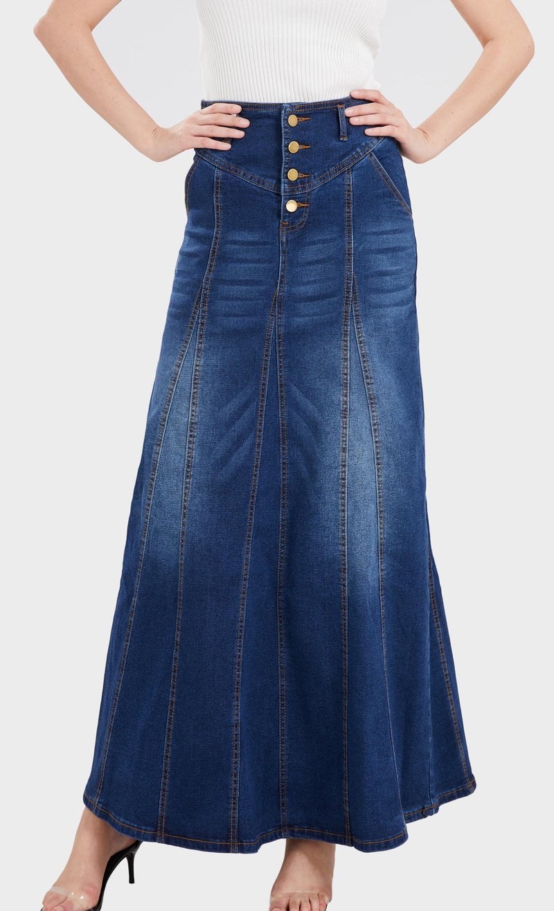 CHARTOU Women's Retro Exposure Button-Fly Packaged Hip A-Line Maxi Long Denim Skirt (XX-Large, Dark Blue) - Image 3
