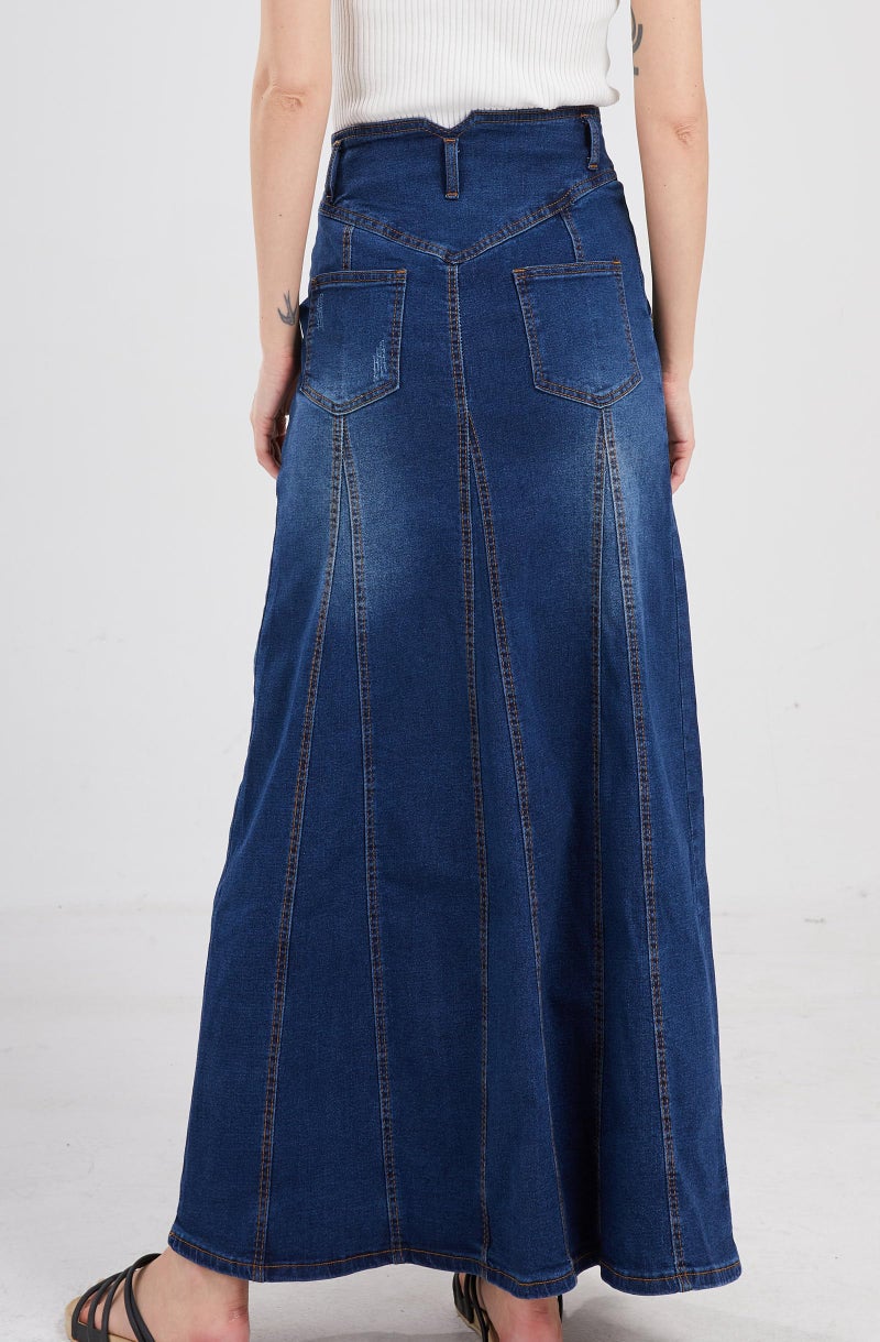 CHARTOU Women's Retro Exposure Button-Fly Packaged Hip A-Line Maxi Long Denim Skirt (XX-Large, Dark Blue) - Image 4