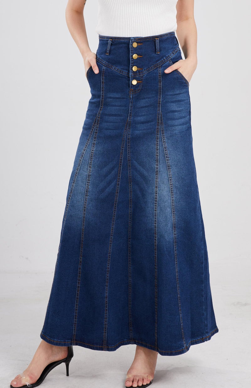 CHARTOU Women's Retro Exposure Button-Fly Packaged Hip A-Line Maxi Long Denim Skirt (XX-Large, Dark Blue) - Image 2