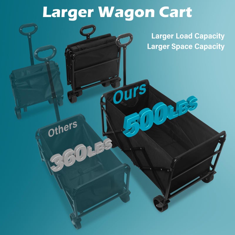 Kovryx Collapsible Wagon Cart with Wheels Foldable: 500LBS Heavy Duty Folding Utility Wagon - Portable All Terrain Grocery Wagon Cart for Groceries Shopping Outdoor Camping Sports (Black-500Lbs) - Image 2
