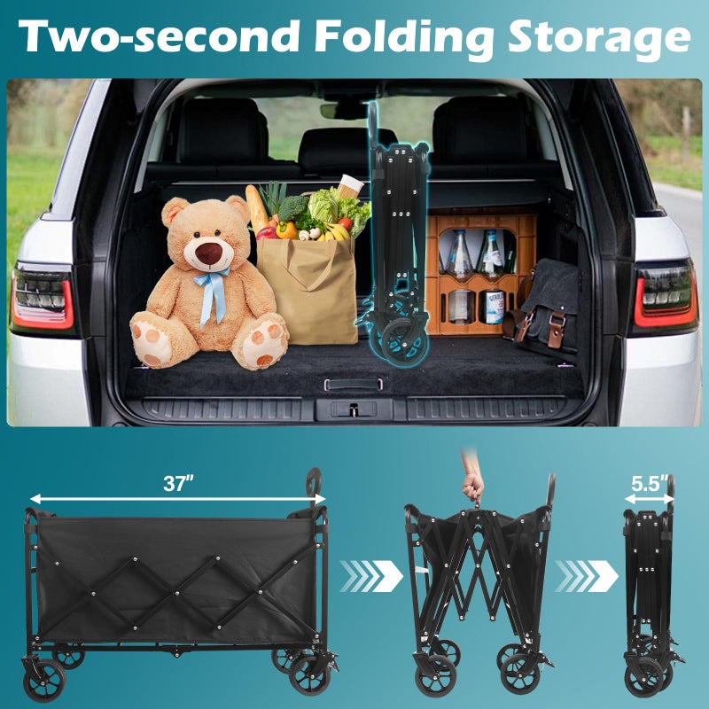 Kovryx Collapsible Wagon Cart with Wheels Foldable: 500LBS Heavy Duty Folding Utility Wagon - Portable All Terrain Grocery Wagon Cart for Groceries Shopping Outdoor Camping Sports (Black-500Lbs) - Image 3