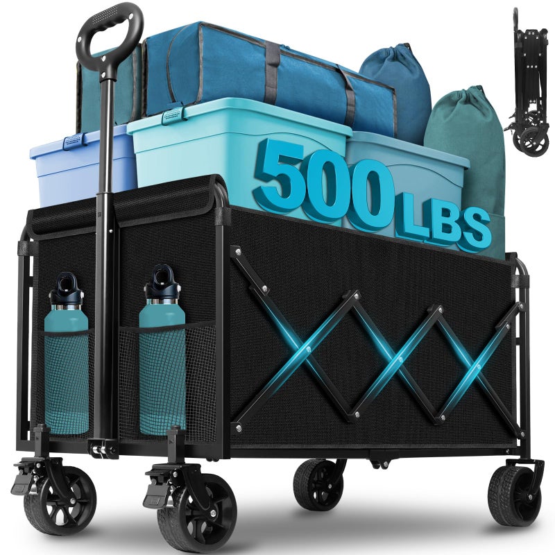 Kovryx Collapsible Wagon Cart with Wheels Foldable: 500LBS Heavy Duty Folding Utility Wagon - Portable All Terrain Grocery Wagon Cart for Groceries Shopping Outdoor Camping Sports (Black-500Lbs) - Image 1