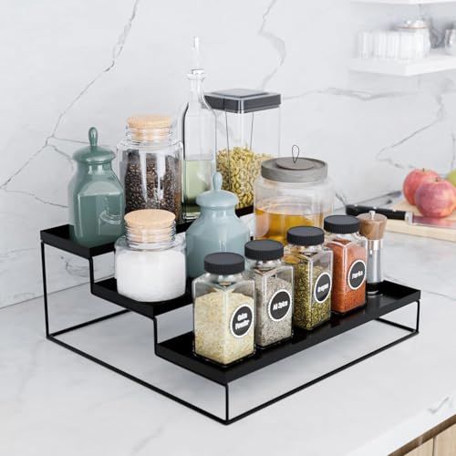 CHHAAP Kitchen 3-Tier Step Standing rack Kitchen Spice Bottle Rack Utensil Holder Food Storage Organizer for Cabinet Pantry Shelf Bathroom Rack (Black, Pack of 1, Iron, Step Shelf, Countertop) (NHSP) - Image 1