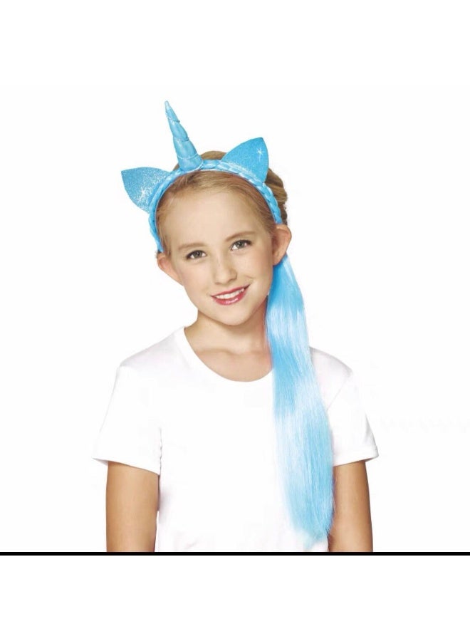 Generic Christmas Halloween Womens Dance Cosplay Princess Cute Unicorn Colorful Rainbow Tail Childrens Wig Pre-Lace Hair Cover Blue Braid Unicorn