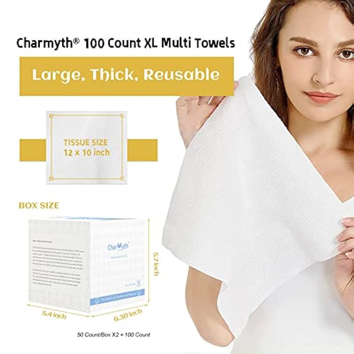 Charmyth Disposable Face Towels XL 100 Count - Extra Thick Soft Makeup Remover Wipes for Sensitive Skin Degradable Facial Cleansing Towels - Image 2