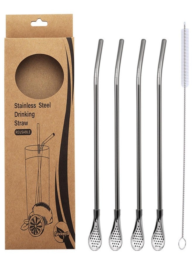 KINTEGOOD Stainless Steel Spoon Straws, 4-Piece Set with Filter, Reusable Drinking Straws with Cleaning Brush, Silver - Image 1
