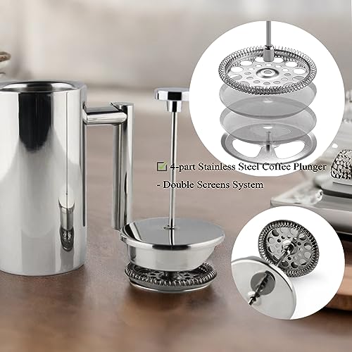 Highwin Small Stainless Steel French Press, 12oz Dual-Filter Coffee Plunger Pot Brewer and Maker for Individual Serving, Silver - Image 3