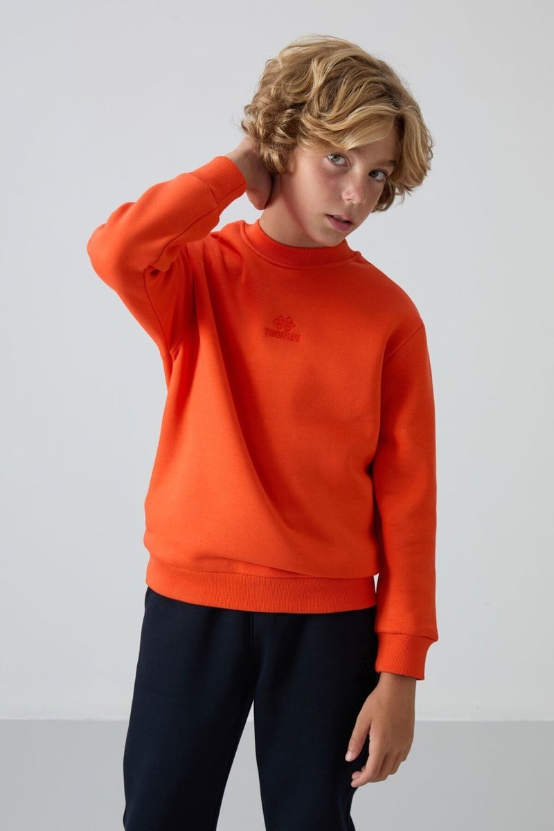Tommy Life Orange Cotton Thick Fluffy Soft Texture Standard Fit Embroidered Boy's Sweatshirt - 11232  - Image 1