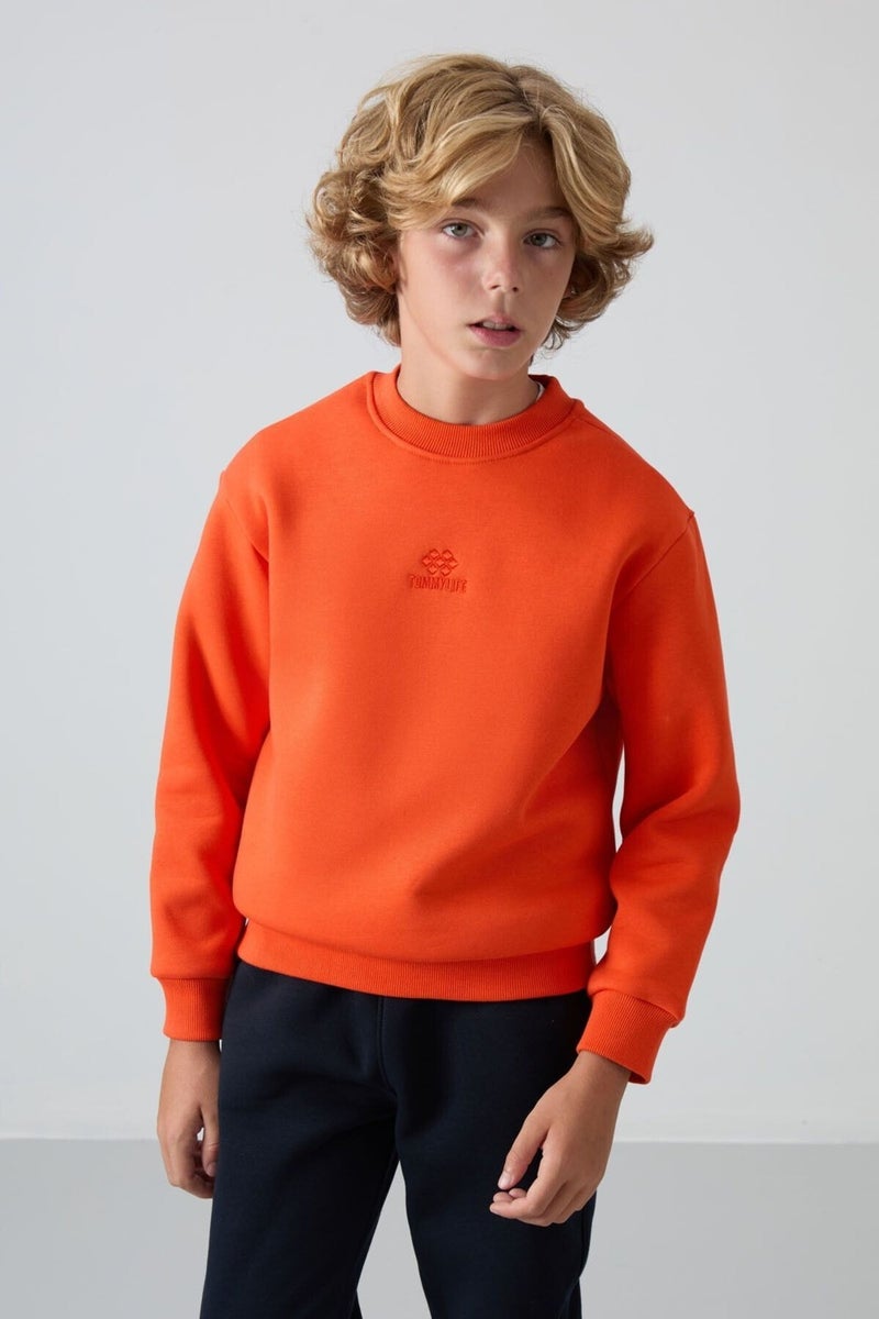 Tommy Life Orange Cotton Thick Fluffy Soft Texture Standard Fit Embroidered Boy's Sweatshirt - 11232  - Image 3