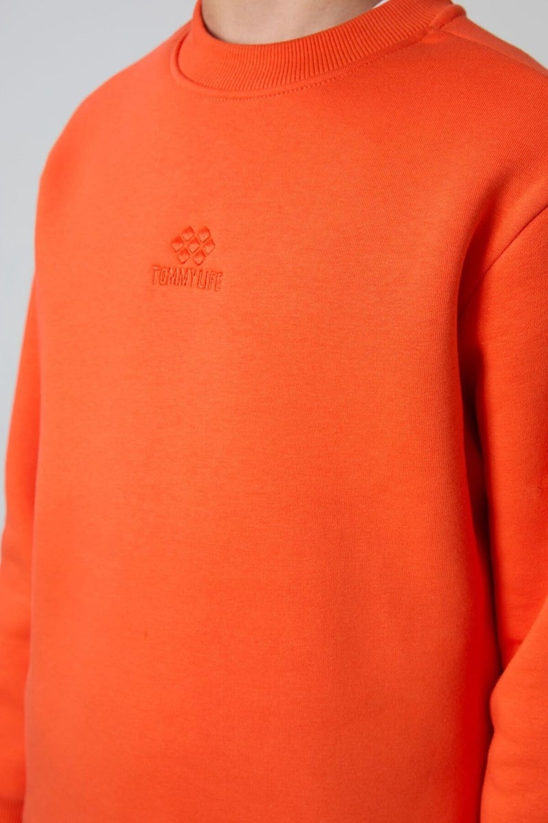 Tommy Life Orange Cotton Thick Fluffy Soft Texture Standard Fit Embroidered Boy's Sweatshirt - 11232  - Image 4