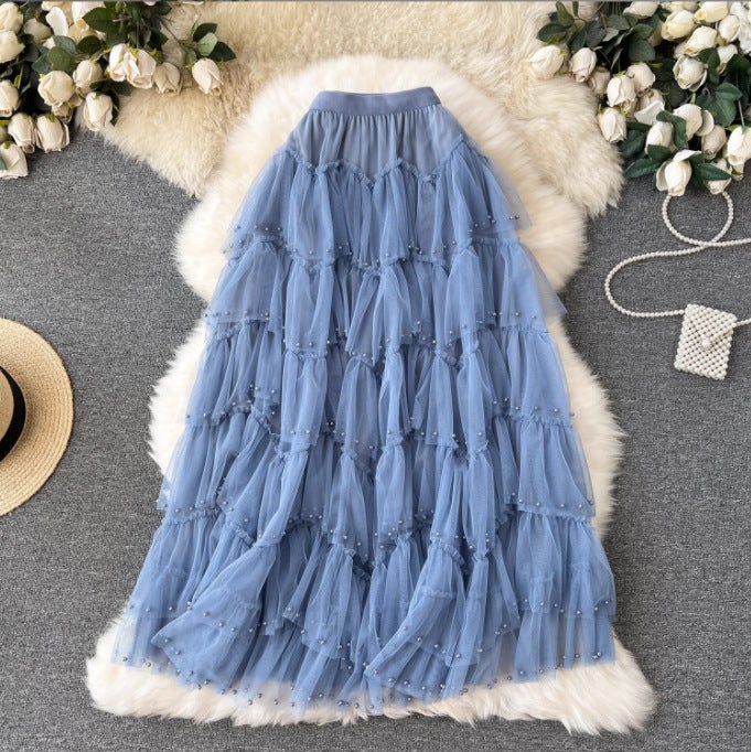 Early Spring Mesh Skirt High Waist Solid Color Pearl Ruffled Stitching Cake Skirt Beaded Skirt A- Shaped Long Skirt - Image 1