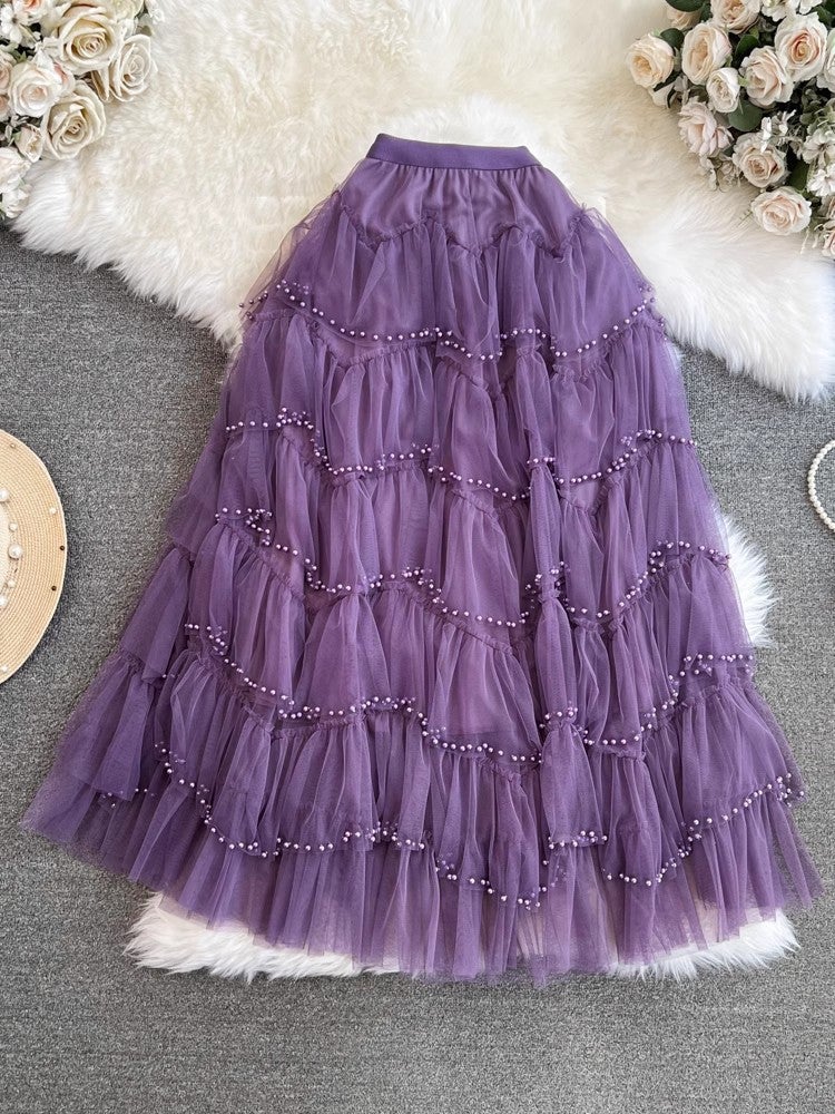 Early Spring Mesh Skirt High Waist Solid Color Pearl Ruffled Stitching Cake Skirt Beaded Skirt A- Shaped Long Skirt - Image 4