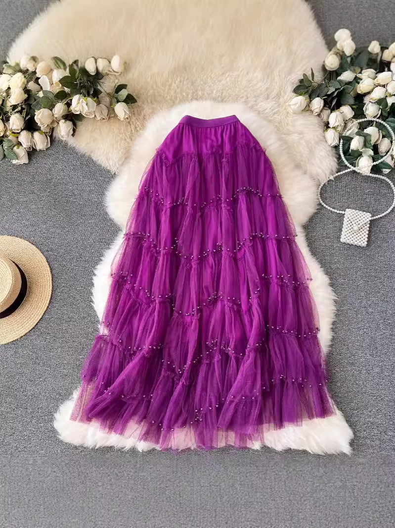 Early Spring Mesh Skirt High Waist Solid Color Pearl Ruffled Stitching Cake Skirt Beaded Skirt A- Shaped Long Skirt - Image 2