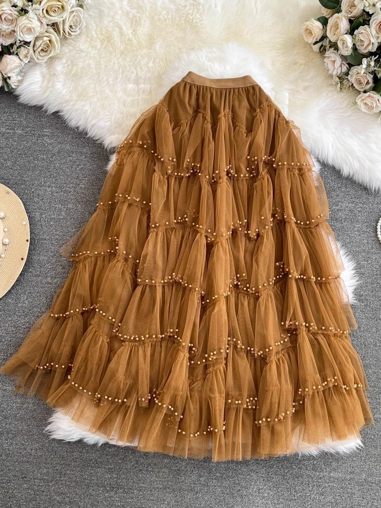 Early Spring Mesh Skirt High Waist Solid Color Pearl Ruffled Stitching Cake Skirt Beaded Skirt A- Shaped Long Skirt - Image 5