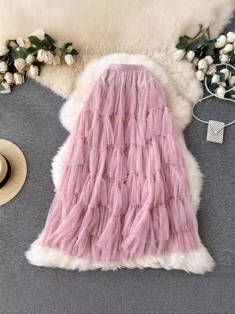 Early Spring Mesh Skirt High Waist Solid Color Pearl Ruffled Stitching Cake Skirt Beaded Skirt A- Shaped Long Skirt - Image 3