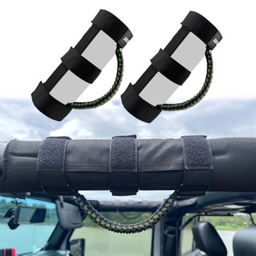 ROMASO Grab Handles for Jeep Wrangler,Roll Bar Grab Handles for Jeep Wrangler YJ TJ JK JL&Gladiator JT 1986-2025,Paracord Grip Handles,Black/Olive,Pack of 2 - Image 2