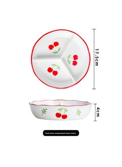 NIBEMINENT Ceramic Divided Deep Bowl with Lid Sealed Microwave Safe Compartment Snack Bento Box7-inch three-compartment bowl of cherry 7-inch three-compartment bowl of cherry 