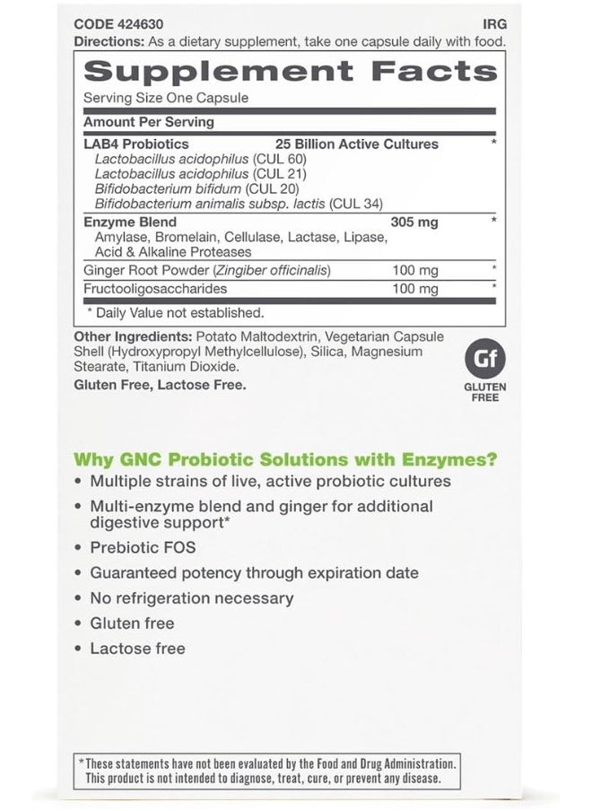GNC - Probiotic Solutions With Enzymes With 25 Billion Cfus, 30 Capsules, Daily Probiotic Support - Image 1