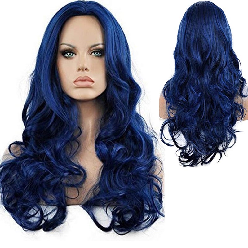 Kaneles Blue Wigs for Women Long Curly Wavy Soft Heat Resistant Synthetic Fiber Party Cosplay Accessories WigsBlue