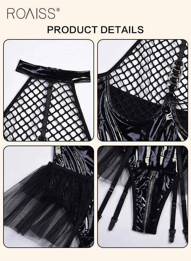 roaiss Adult Halter Bodysuit for Women Shiny PU Patent Leather Backless Lingerie Ladies Lace Mesh Crotch Zipper Underwear Leotard Babydolls Cosplay Costumes Boudoir Outfits  - Image 2