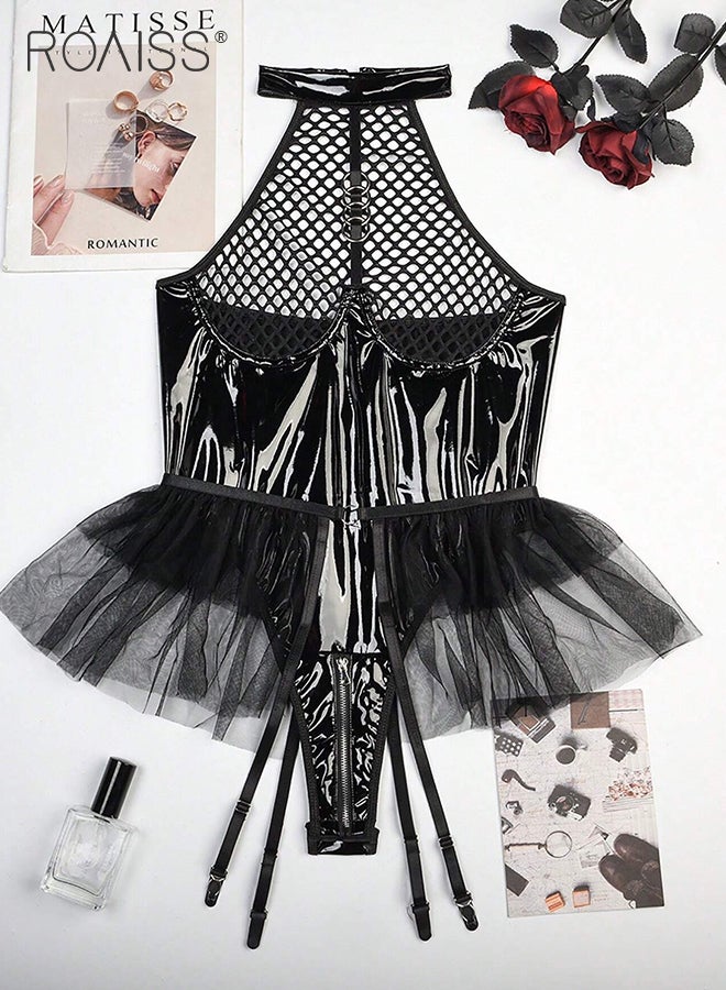 roaiss Adult Halter Bodysuit for Women Shiny PU Patent Leather Backless Lingerie Ladies Lace Mesh Crotch Zipper Underwear Leotard Babydolls Cosplay Costumes Boudoir Outfits  - Image 1