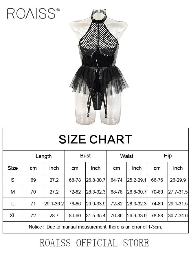 roaiss Adult Halter Bodysuit for Women Shiny PU Patent Leather Backless Lingerie Ladies Lace Mesh Crotch Zipper Underwear Leotard Babydolls Cosplay Costumes Boudoir Outfits  - Image 3