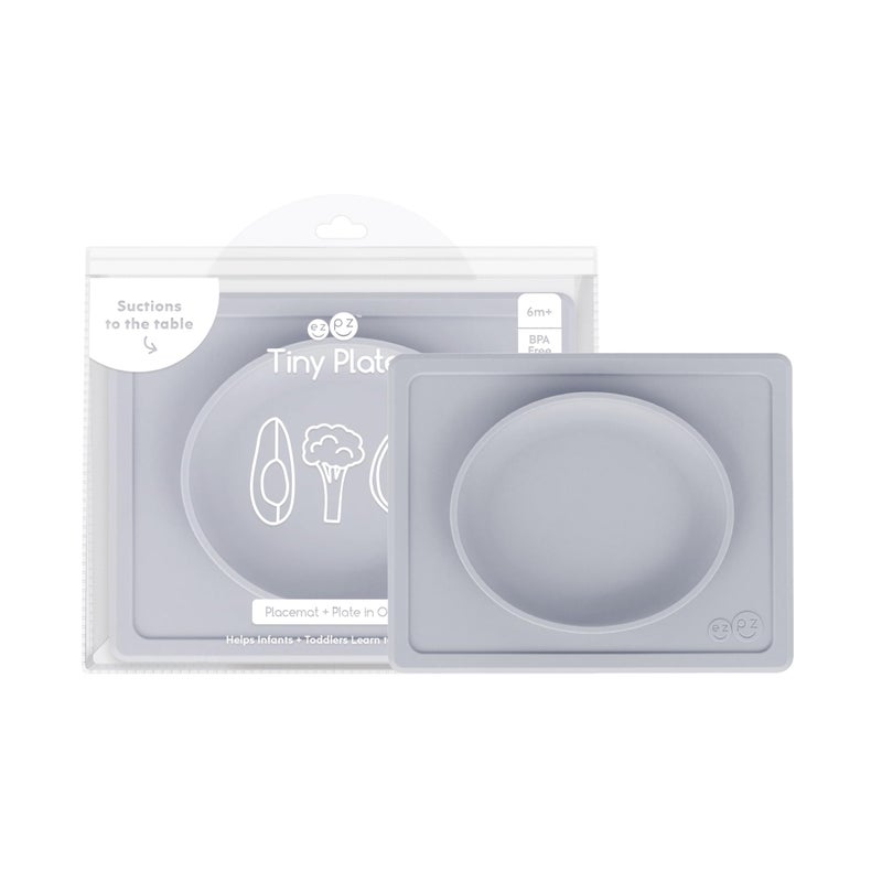 ezpz Tiny Plate (Pewter) - 6 Months+ - 100% Silicone Suction Placemat + Plate for Infants - Fits on Most Highchair Trays - Baby Led Weaning Supplies - Image 1