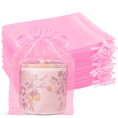 Crweety 50 Pcs Pink Organza Bags 6x9 Inches, Large Mesh Gift Bags Drawstring, Jewelry Treat Mesh Bag Drawstring for Wedding Party Favors Baby Shower Valentine's Day - Image 1