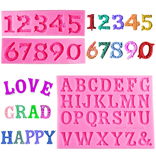 AIMEIKI Silicone Fondant Molds, AIMEIKI 3 Pack 3D Silicone Number 0-9 Alphabet A-Z Embossed Fondant Chocolate Baking Molds for Decorating Birthday Cake Candy Chocolate DIY Craft Projects - Image 1