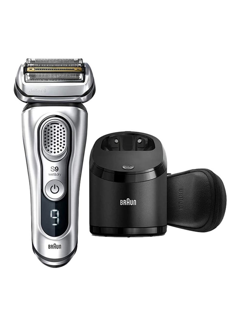 BRAUN Series 9 Electric Shaver With Clean & Charge Station & Leather Travel Case + CCR 2 9390CCVS Silver 26.5 x 16.5 x 25.5cm - Image 1