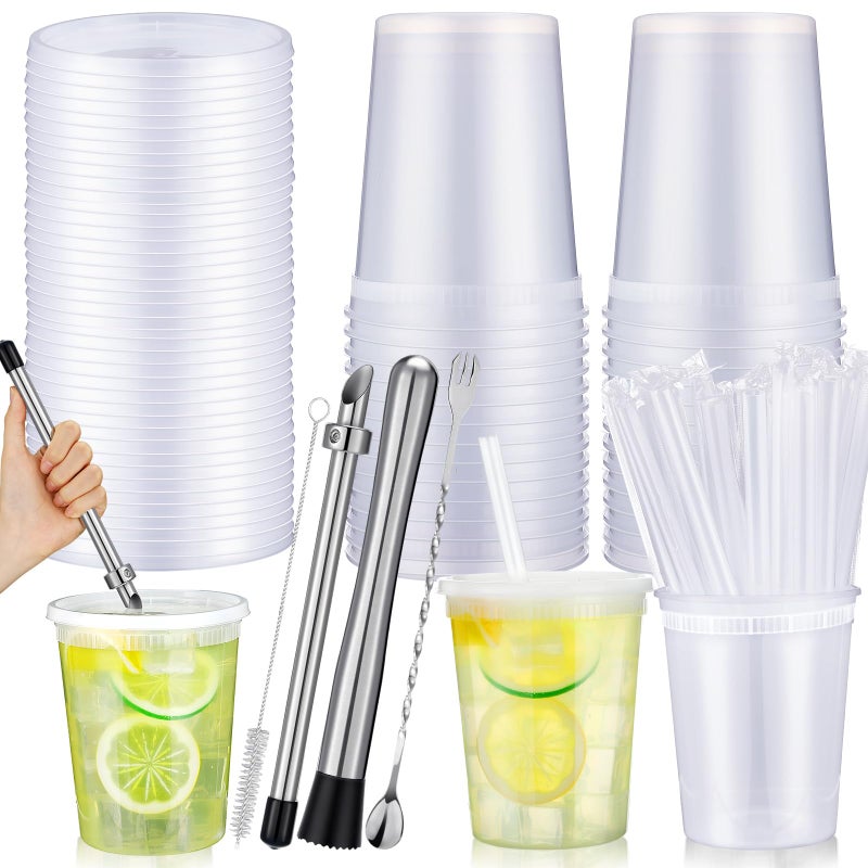 LemonRoad 24 Set Lemonade Stand Supplies Lemonade Stand Kits Include 24 Pcs 32oz Plastic Cups with Lid and Straw, Straw Puncher for Plastic Lids, Muddler, Mixing Spoon, Cleaning Brush for Summer Party - Image 1