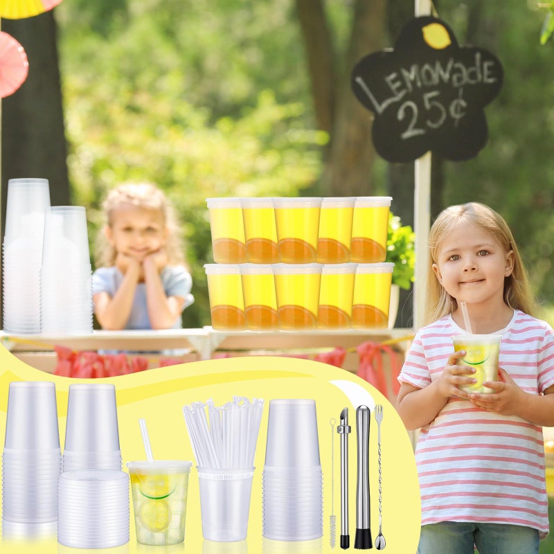 LemonRoad 24 Set Lemonade Stand Supplies Lemonade Stand Kits Include 24 Pcs 32oz Plastic Cups with Lid and Straw, Straw Puncher for Plastic Lids, Muddler, Mixing Spoon, Cleaning Brush for Summer Party - Image 5