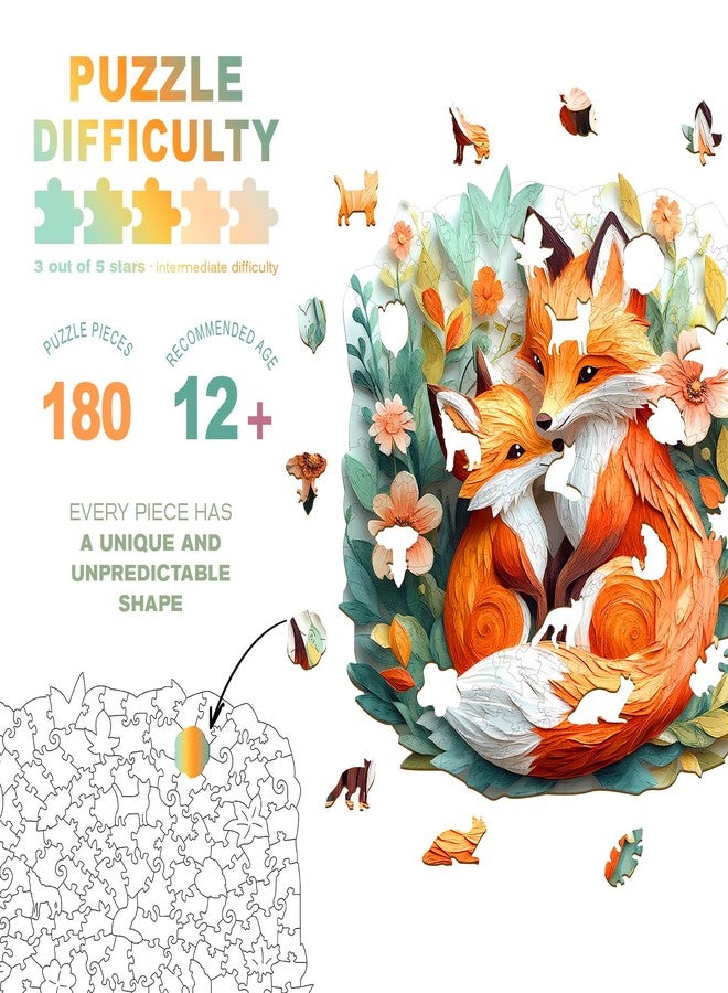 DOCRAGI Wooden Puzzles for Adults - Parent Child Fox Wooden Jigsaw Puzzle - Unique Animal Shaped Wood Puzzles Adult - Christmas Birthday Gifts for Adults/Friends/Family - 180pcs 11.4 * 11.2in - Image 3