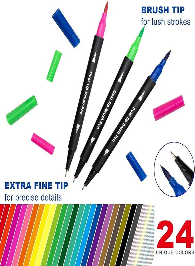 URBAN BOX Dual Markers Brush Pen, Colored Pen Fine Point Art Marker & Brush Highlighter Pen for Adult Coloring Hand Lettering Writing Planner Art Supplier (24) - Image 3