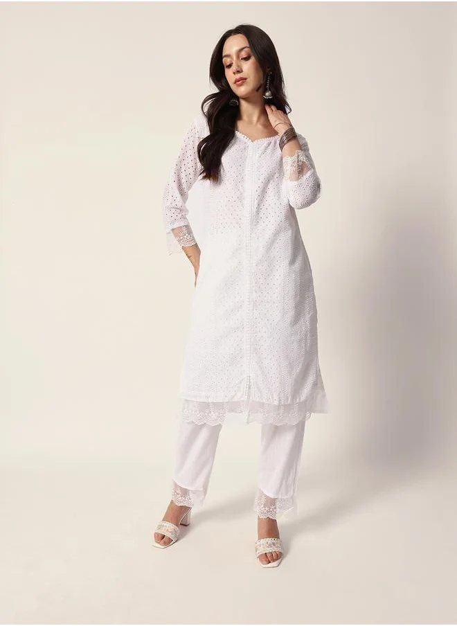 آي شين Women's White Cotton Textured Tunic Full Palazzo Regular Fit Kurta Set