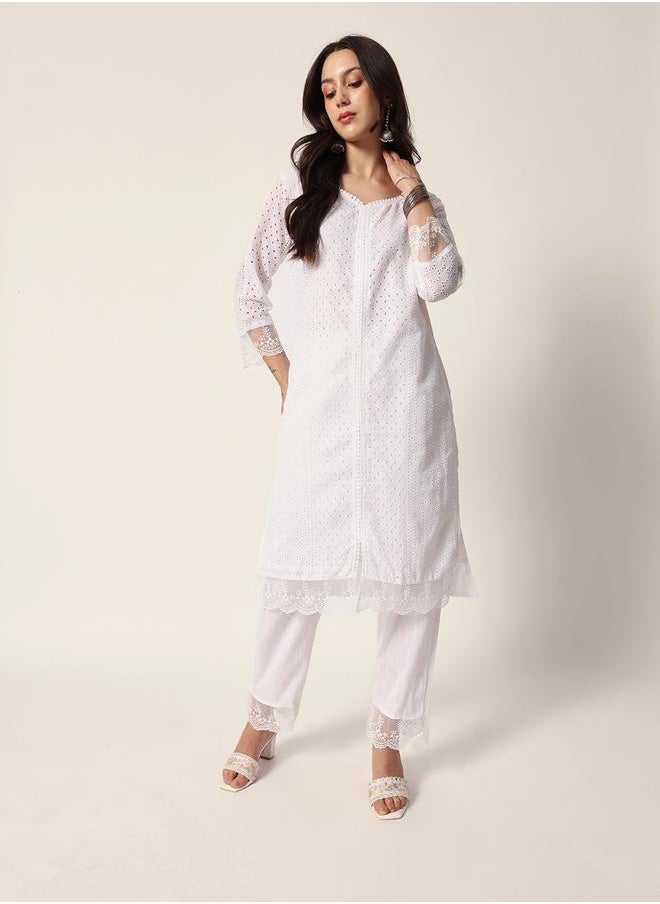 ISHIN Women's White Cotton Textured Tunic Full Palazzo Regular Fit Kurta Set  - Image 1