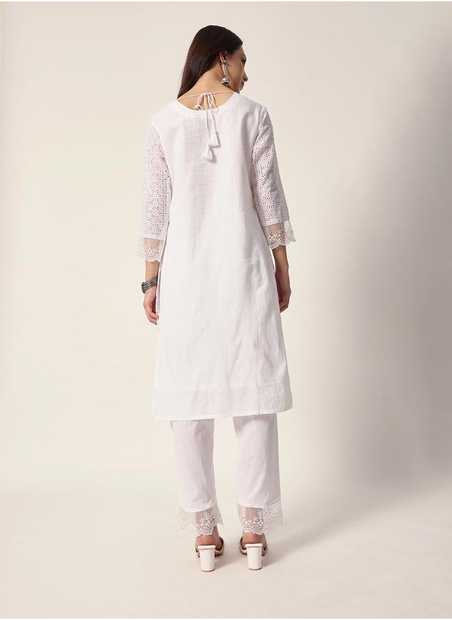 ISHIN Women's White Cotton Textured Tunic Full Palazzo Regular Fit Kurta Set  - Image 3