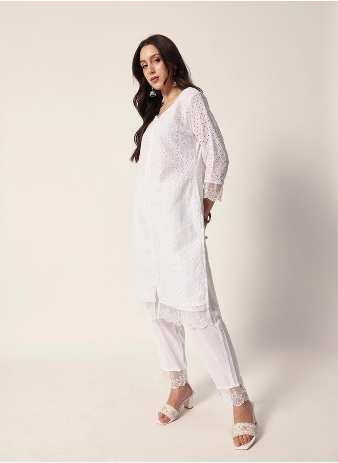 ISHIN Women's White Cotton Textured Tunic Full Palazzo Regular Fit Kurta Set  - Image 2