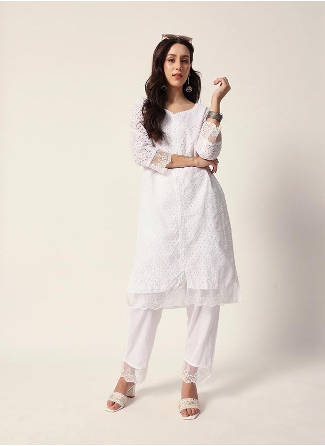 ISHIN Women's White Cotton Textured Tunic Full Palazzo Regular Fit Kurta Set  - Image 5