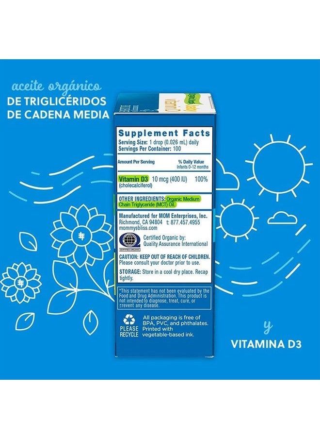 Mommy's Bliss - Organic Baby Vitamin D Drops Promotes Healthy Growth and Bone Development Age Newborn+, 0.11 Fl Oz - 100 Servings - Image 1