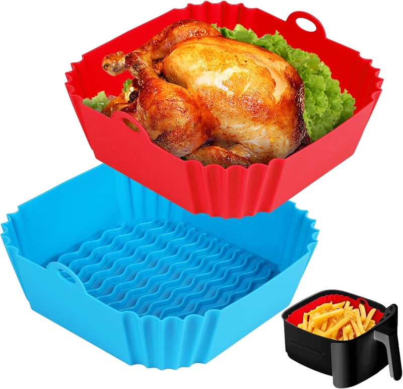 Boribim 2-Piece Silicone Air Fryer Liners - 8-Inch Reusable Liner - Red + Blue - Image 1