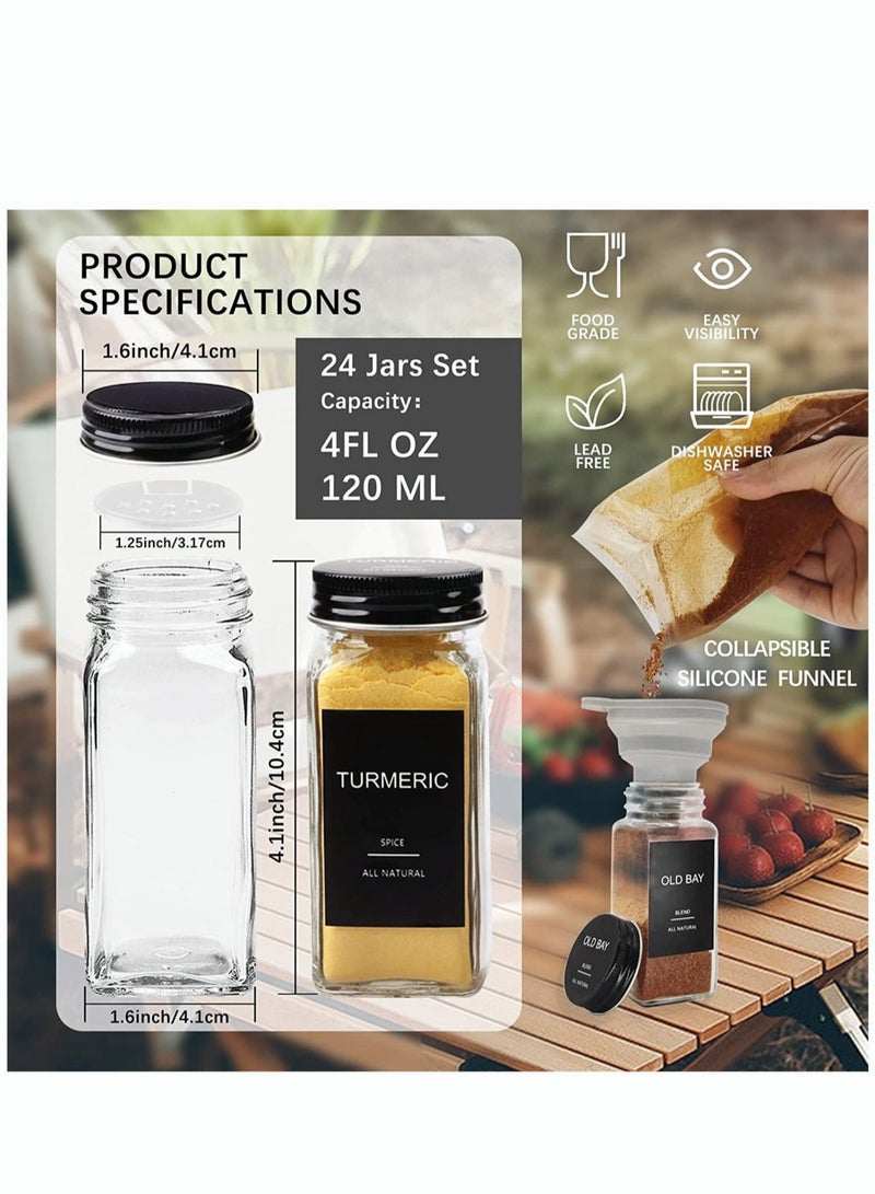 MIXDE 24Piece Glass Spice Jars with 20 Label Spice Glass Bottles 120ml Square Spice Container with Spice Labels Shaker Lids and Airtight Black Metal Caps Chalk Marker Silicone Collapsible Funnel - Image 2