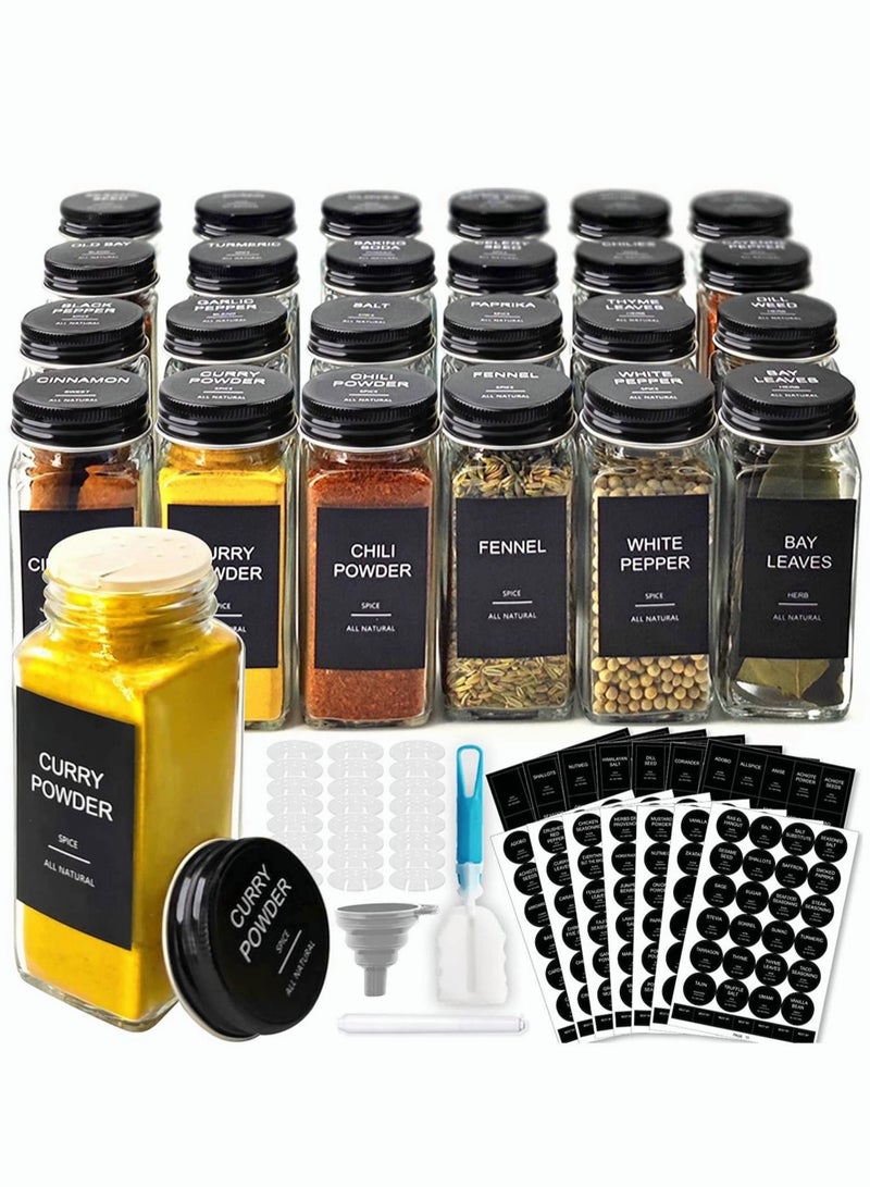 MIXDE 24Piece Glass Spice Jars with 20 Label Spice Glass Bottles 120ml Square Spice Container with Spice Labels Shaker Lids and Airtight Black Metal Caps Chalk Marker Silicone Collapsible Funnel - Image 1