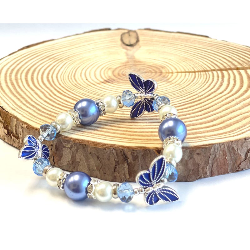 fiona Butterfly Bracelet for Women, Glass Beaded Stretch Jewelry, Birthday Christmas Gift for Her, 1 pc (Blue) - Image 4