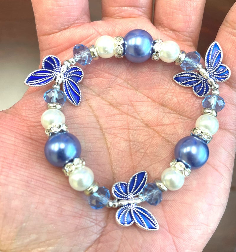 fiona Butterfly Bracelet for Women, Glass Beaded Stretch Jewelry, Birthday Christmas Gift for Her, 1 pc (Blue) - Image 3