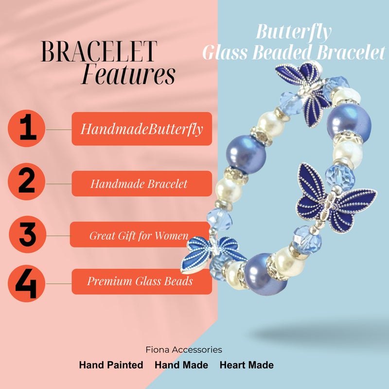 fiona Butterfly Bracelet for Women, Glass Beaded Stretch Jewelry, Birthday Christmas Gift for Her, 1 pc (Blue) - Image 5